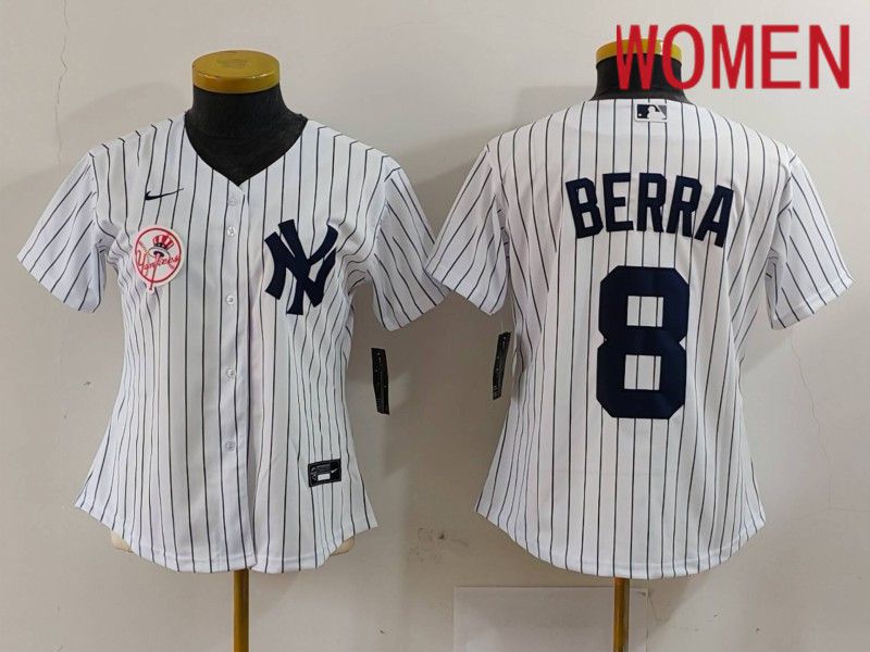 Women New York Yankees 8 Berra White stripe Game 2024 Nike MLB Jersey style 2